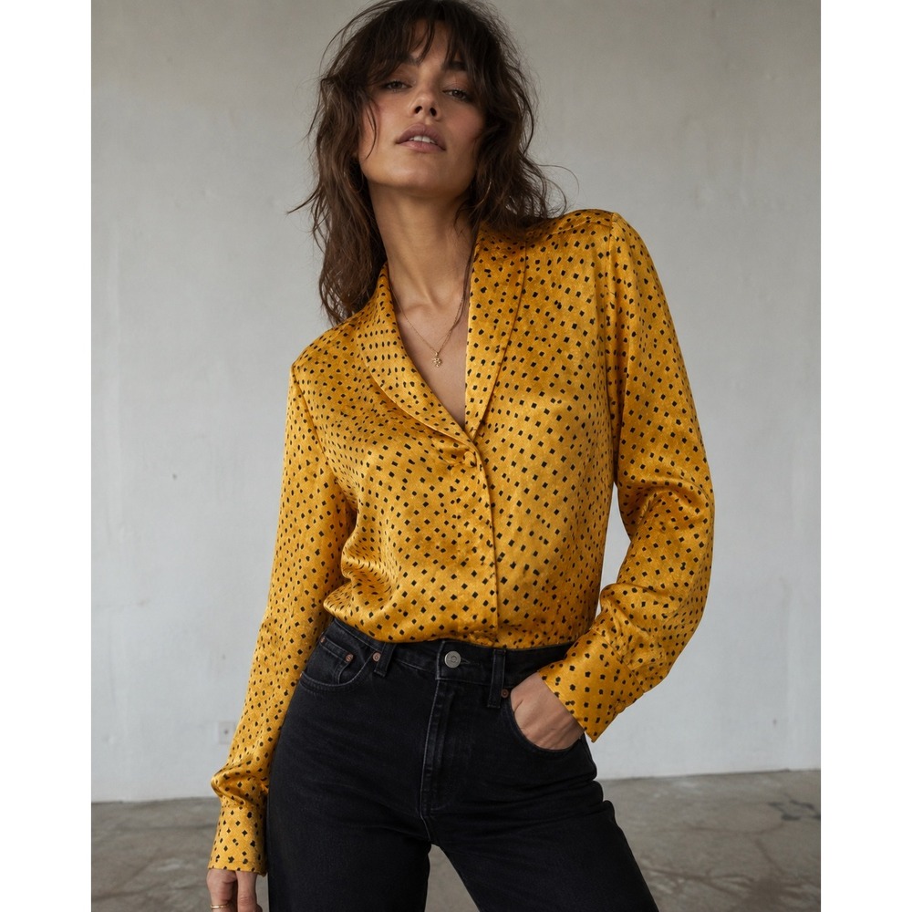 Vintage Russ Satin Jacquard Blouse 8 Gold Black Indie Sleaze Office Siren